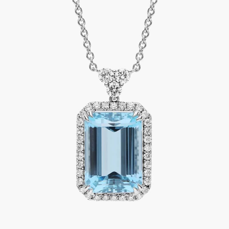 Extraordinary Collection: Emerald Cut Aquamarine and Diamond Pendant in 18k White Gold (19.7x14mm)