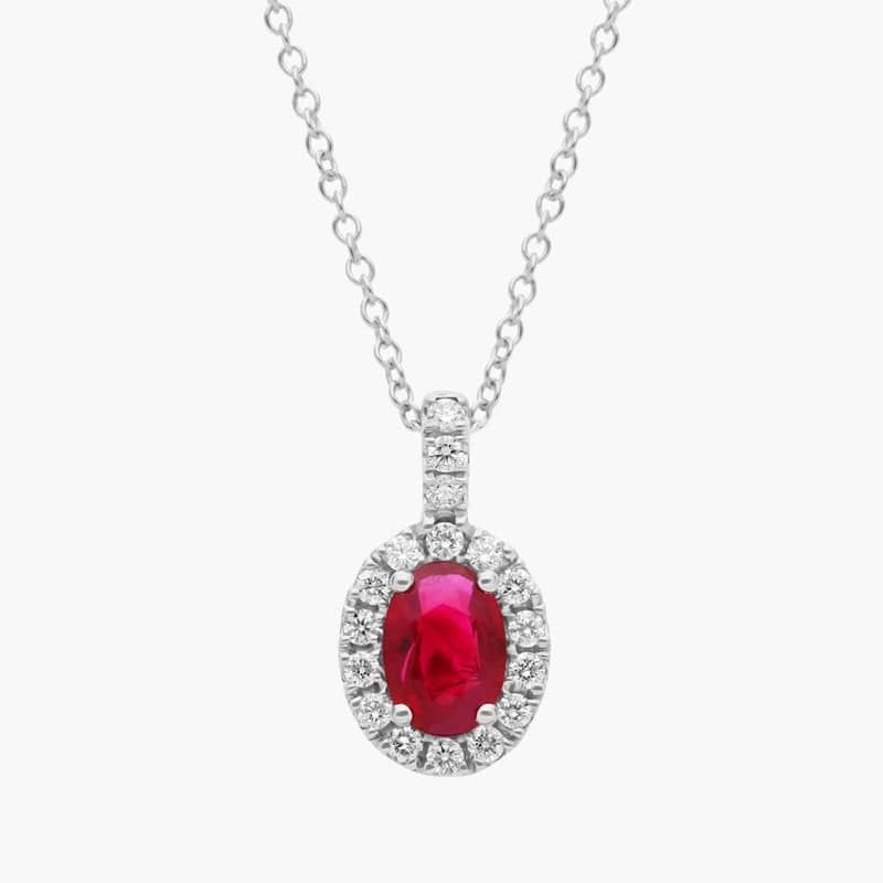 Oval Ruby and Pavé  Diamond Pendant in 14k White Gold (7x5mm)