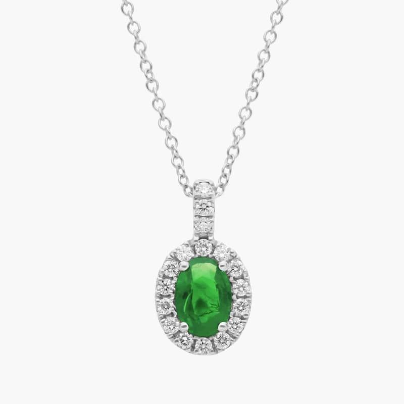 Oval Emerald and Pavé Diamond Pendant in 18k White Gold (7x5mm)