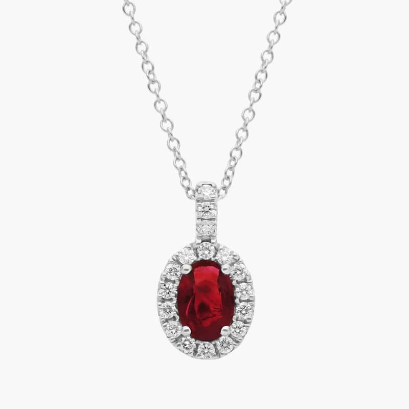 Oval Ruby and Pavé  Diamond Pendant in 14k White Gold (7x5mm)