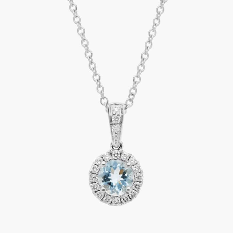 Aquamarine and Micropavé Diamond Halo Pendant in 18k White Gold (5mm)