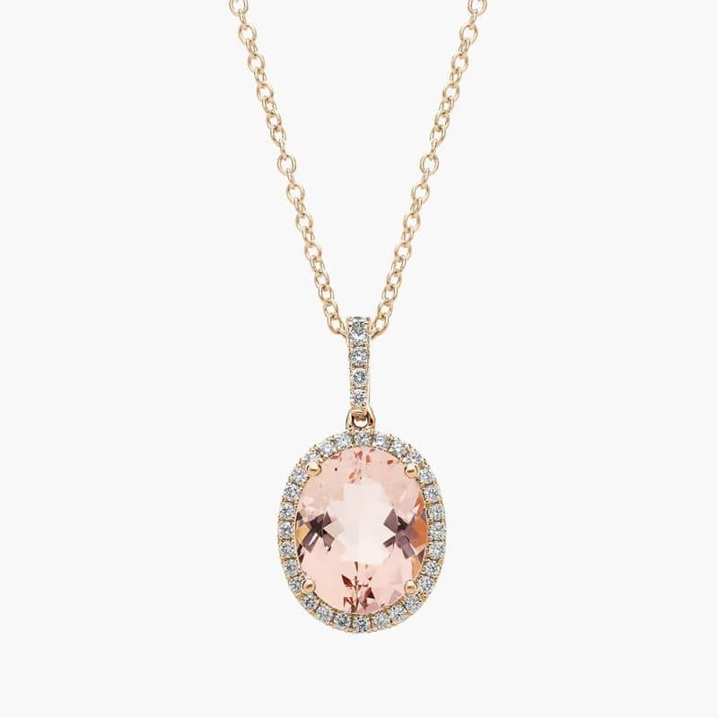 Oval Morganite and Diamond Halo Pendant in 14k Yellow Gold (10x8mm)