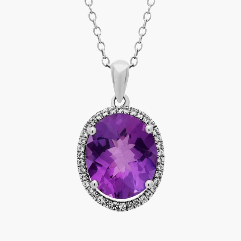 Amethyst and White Sapphire Halo Oval Pendant in Sterling Silver (12x10mm)
