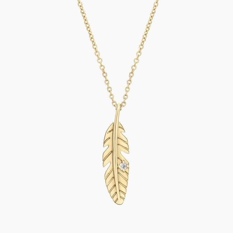 Mini Feather Diamond Pendant in 14k Yellow Gold