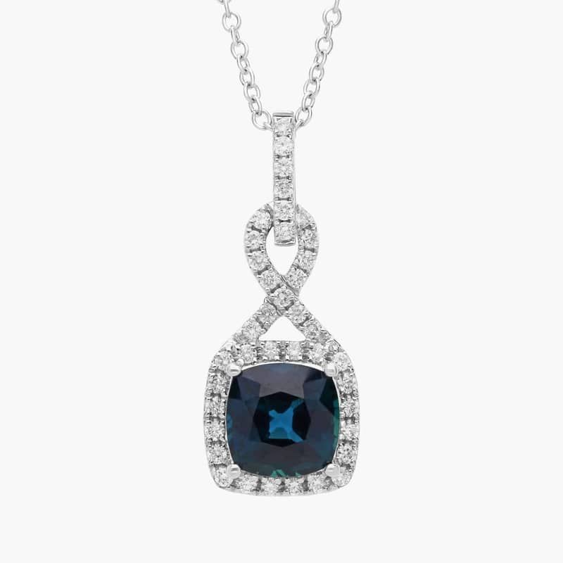 Cushion-Cut Sapphire and Diamond Halo Twist Pendant in 18k White Gold (7mm)