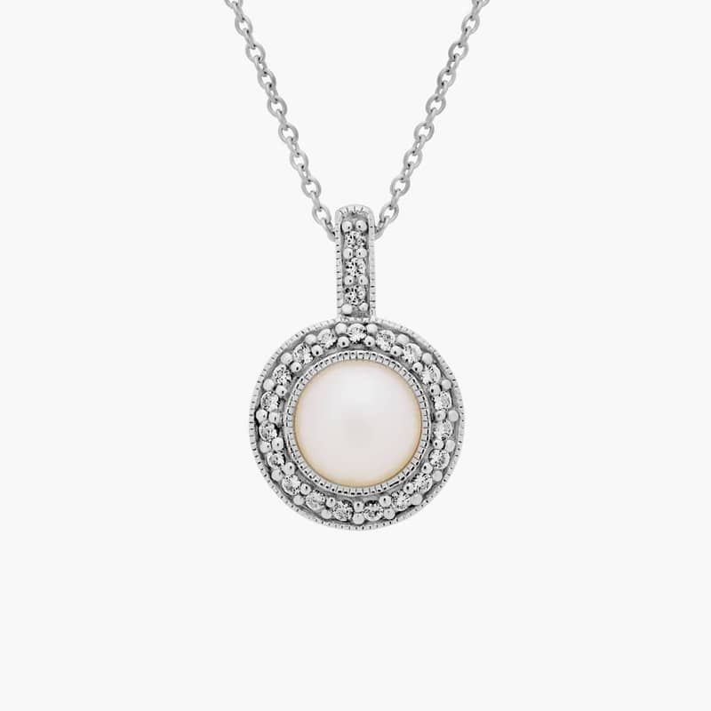 Vintage-Inspired Freshwater Cultured Pearl and White Topaz Halo Pendant in Sterling Silver (6mm)