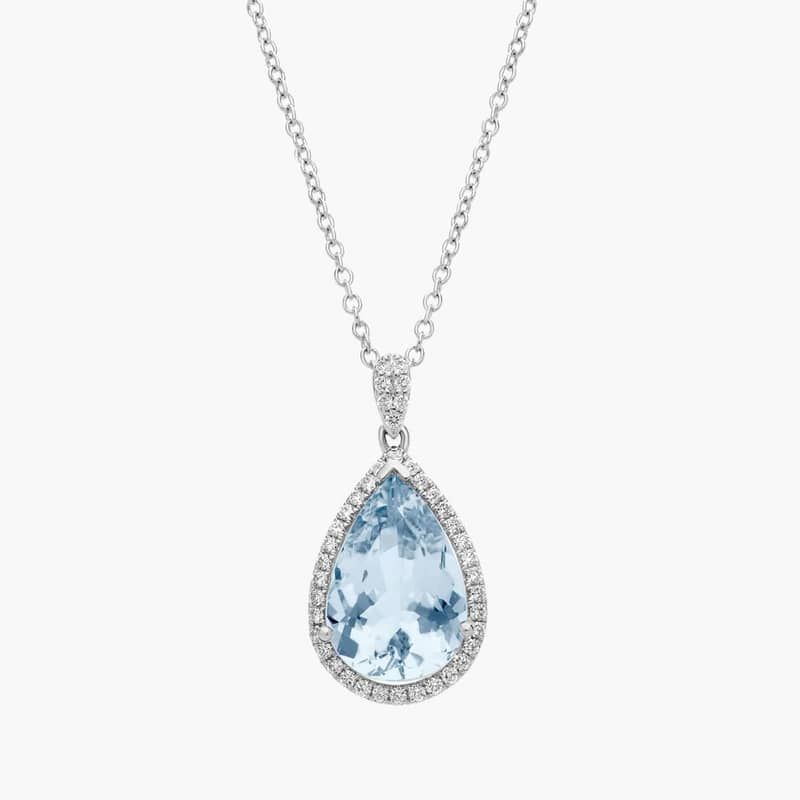 Aquamarine and Diamond Halo Pendant in 14k White Gold (13x9mm)