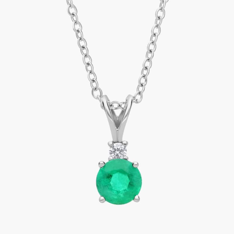 Emerald and Diamond Solitaire Pendant in 18k White Gold (5mm)