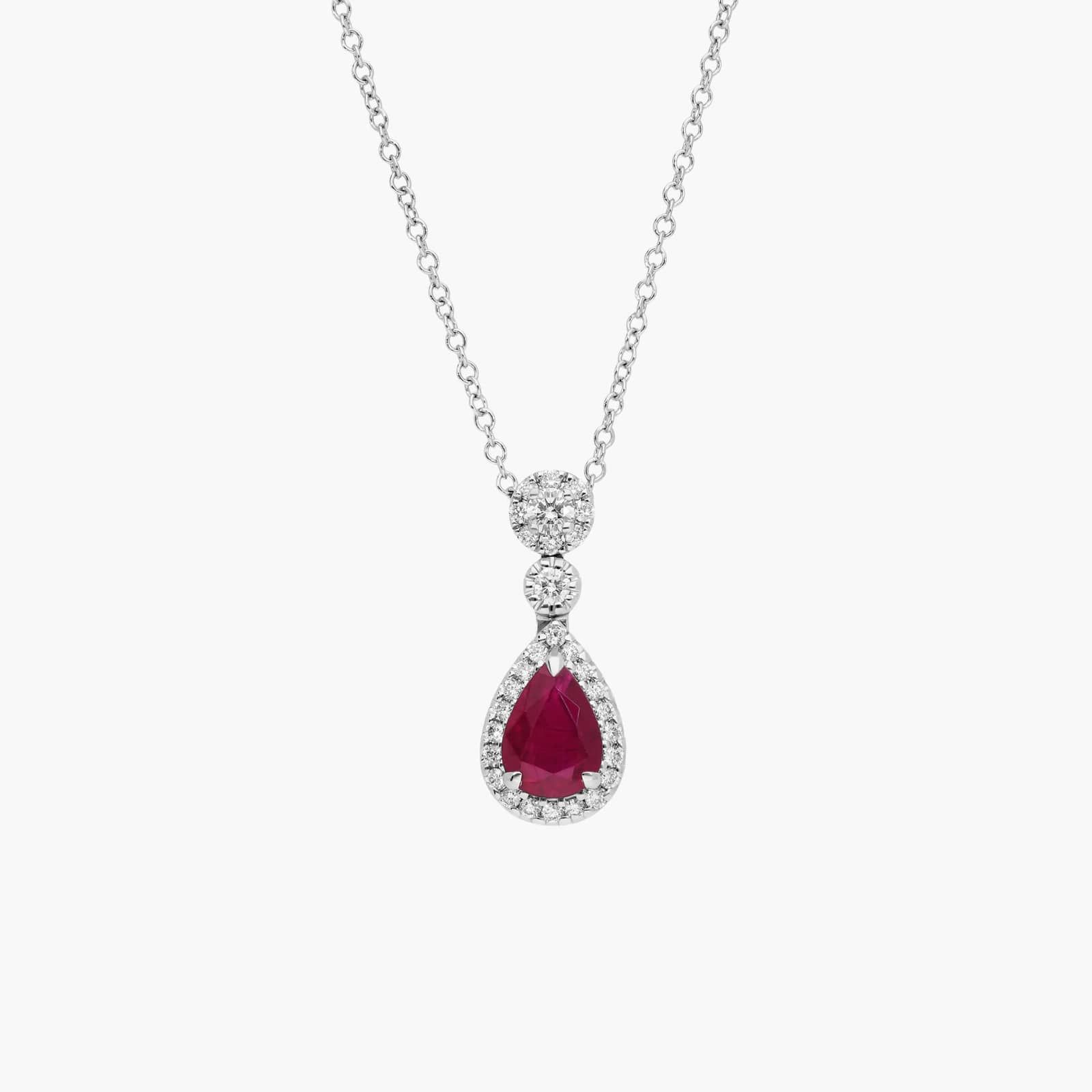 Pear Shape Ruby and Diamond Halo Drop Pendant in 18k White Gold (6x4mm)