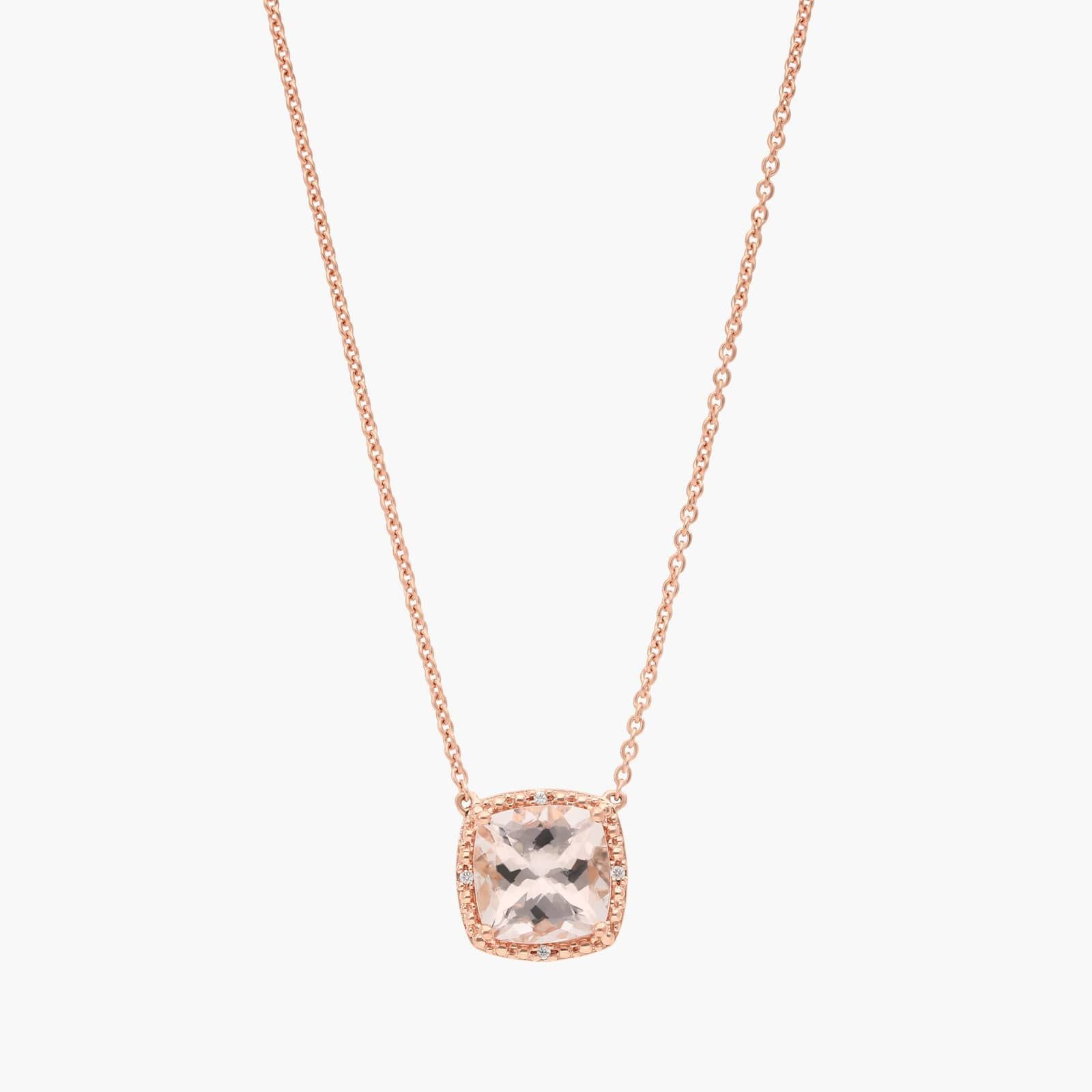 Morganite and Diamond Halo Necklace in 14k Rose Gold (8mm)