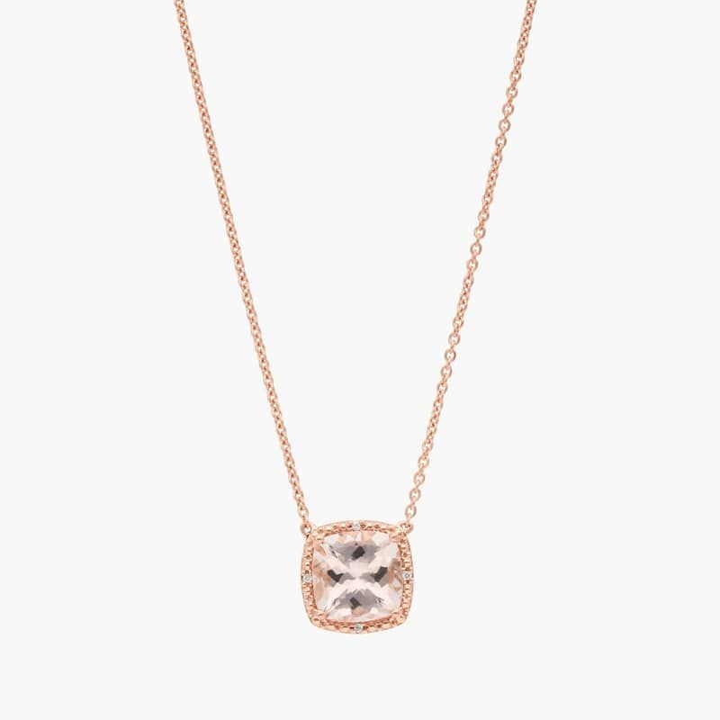 Morganite and Diamond Halo Necklace in 14k Rose Gold (8mm)