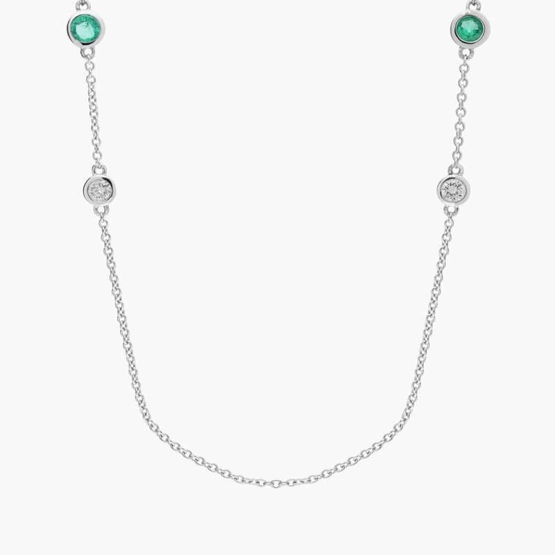 Petite Stationed Emerald and Diamond Necklace in 14k White Gold (36")
