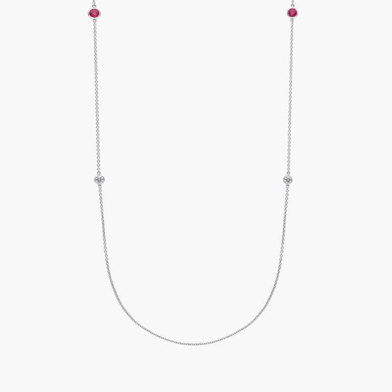 Petite Stationed Ruby and Diamond Necklace in 14k White Gold (36")