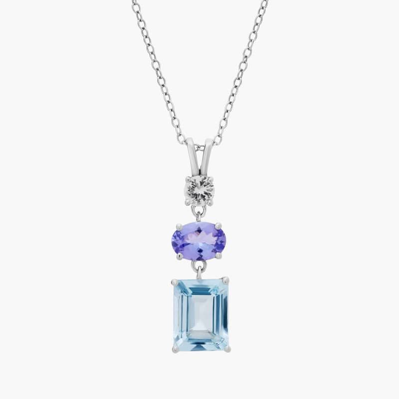 Aquamarine, Tanzanite and White Sapphire Tower Pendant in Sterling Silver