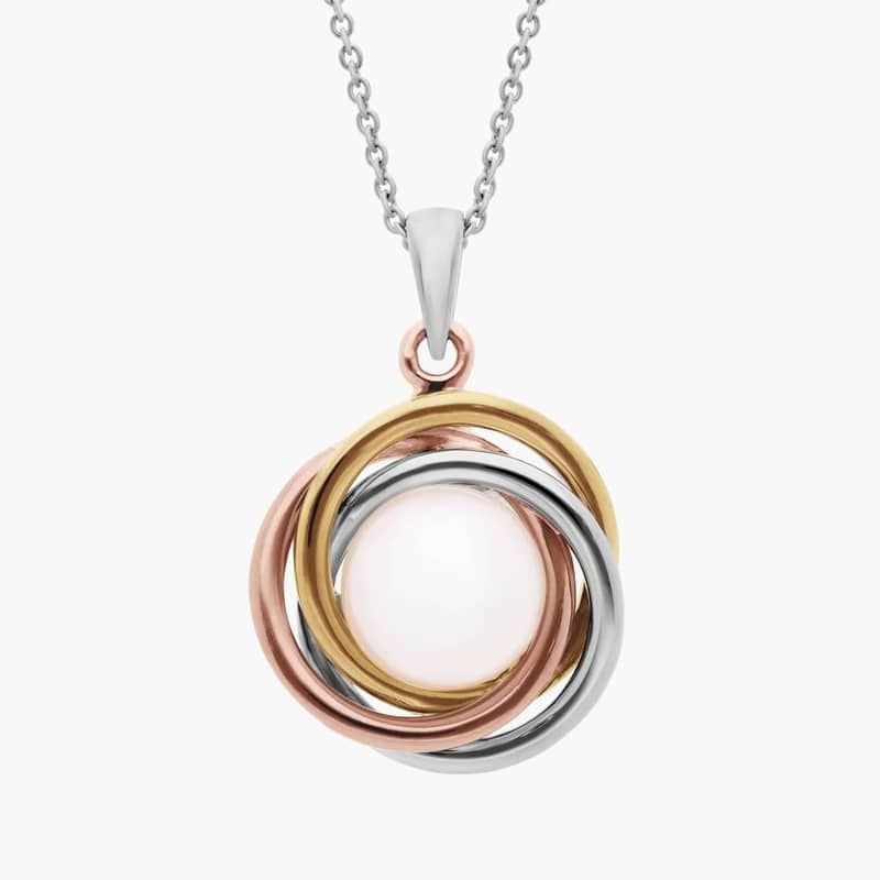 Tri-Color Love Knot Pendant with Freshwater Cultured Pearl in 14k White, Yellow and Rose Gold (7-8mm)