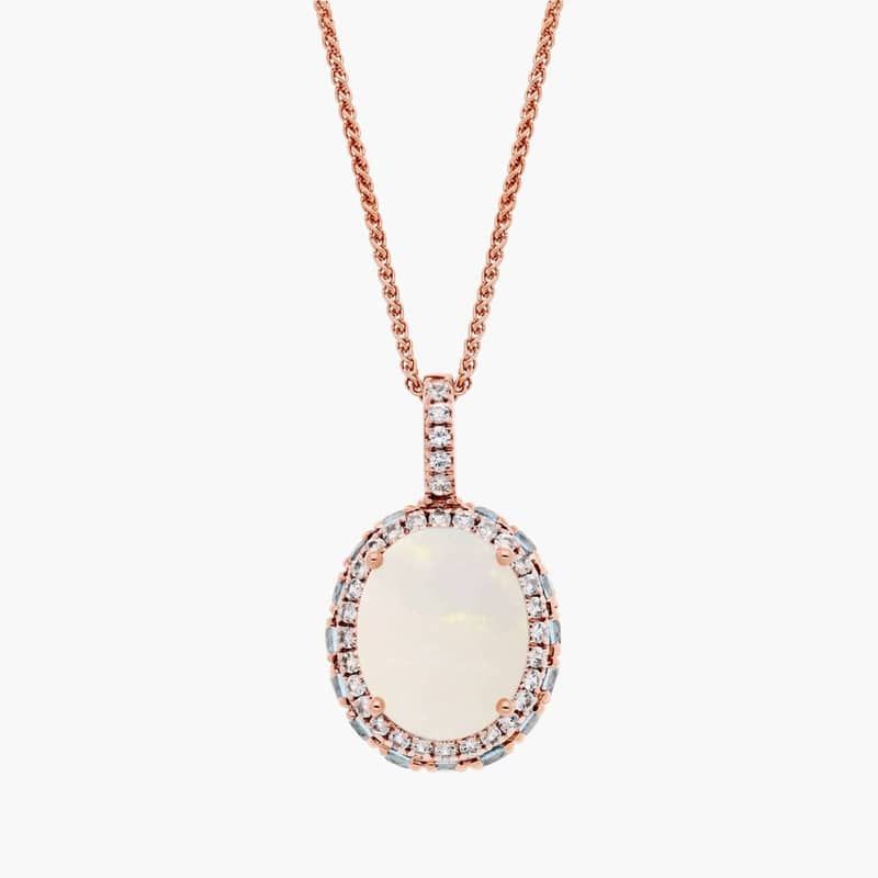 Oval Opal with Blue and White Topaz Halo Pendant in 14k Rose Gold