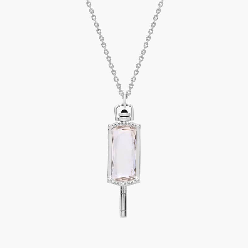 32" Rectangular Rock Crystal Pocketwatch Key Pendant in Sterling Silver