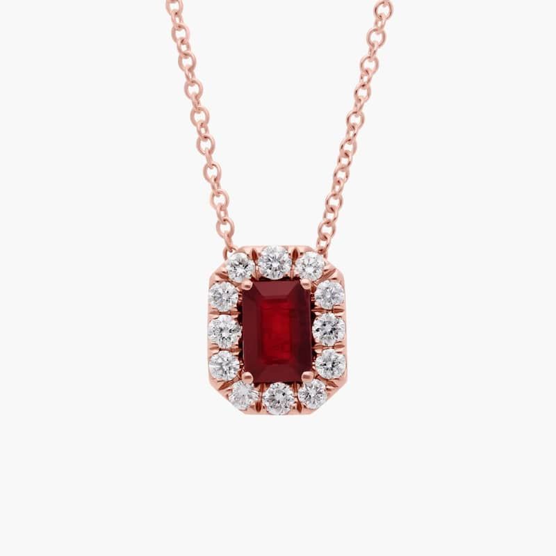 Emerald Cut Ruby and Diamond Halo Pendant in 14k Rose Gold (6x4mm)