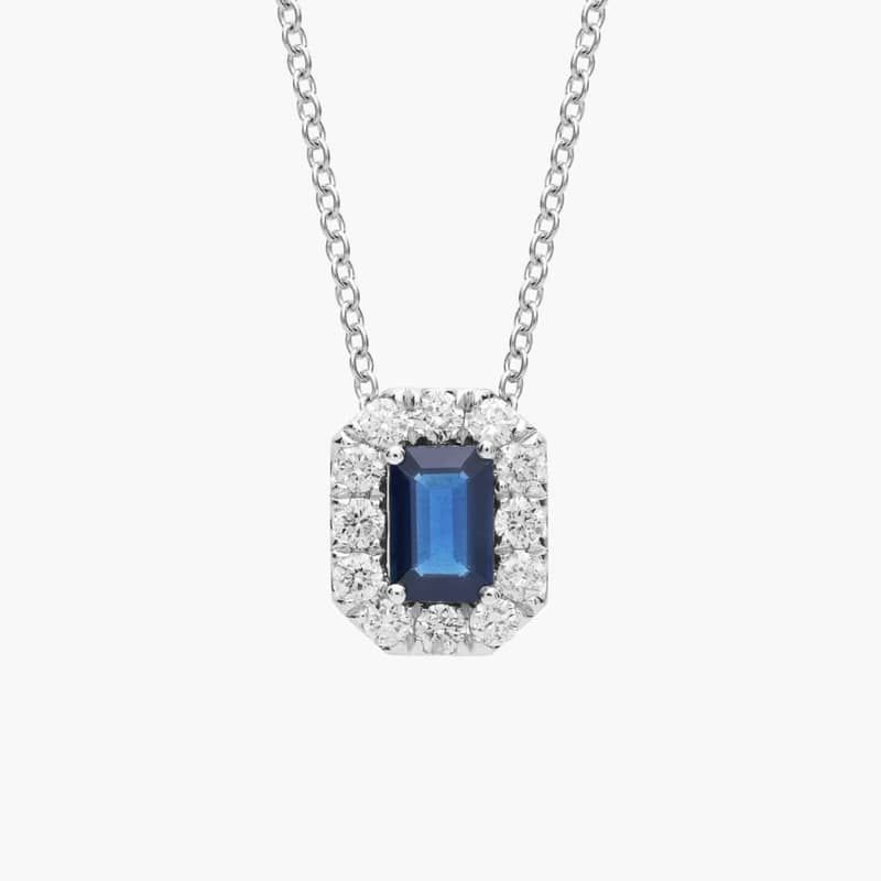 Emerald Cut Sapphire and Diamond Halo Pendant in 14k White Gold (6x4mm)