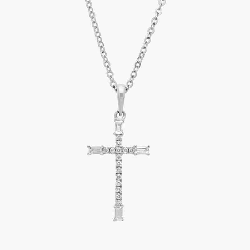 Diamond and Baguette Cross Pendant in 14k White Gold (1/5 ct. tw.)