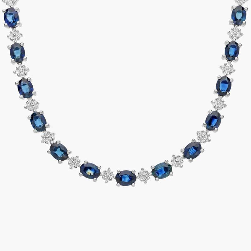 Oval Sapphire and Round Diamond Necklace in 14k White Gold