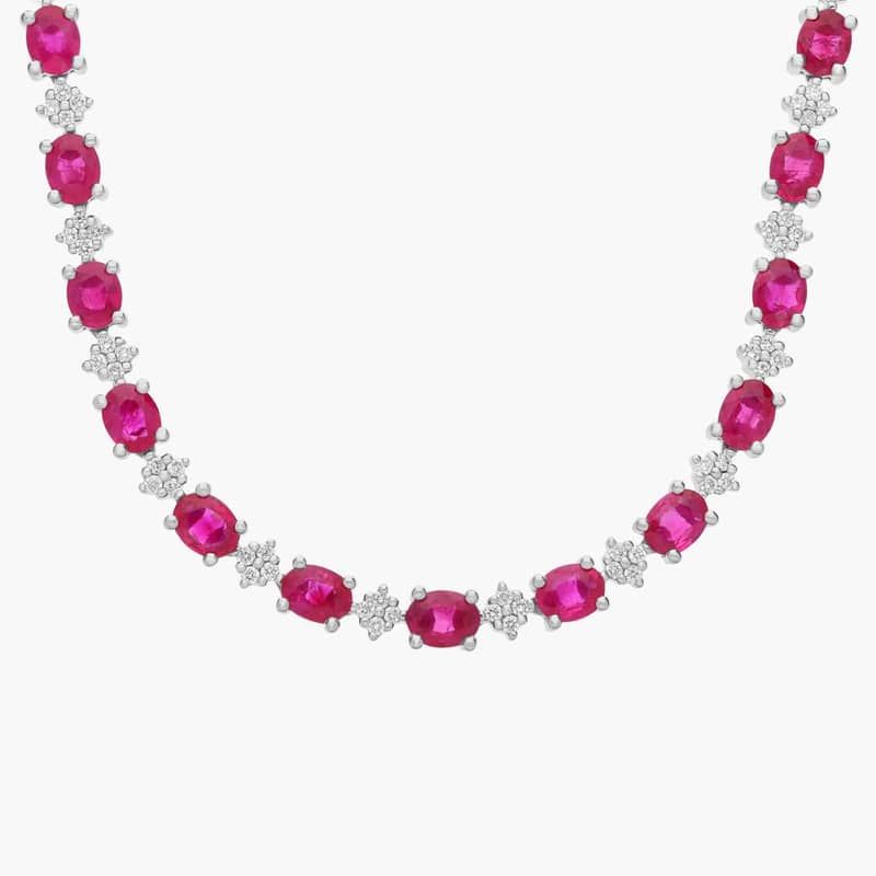 Oval Ruby and Round Diamond Necklace in 14k White Gold