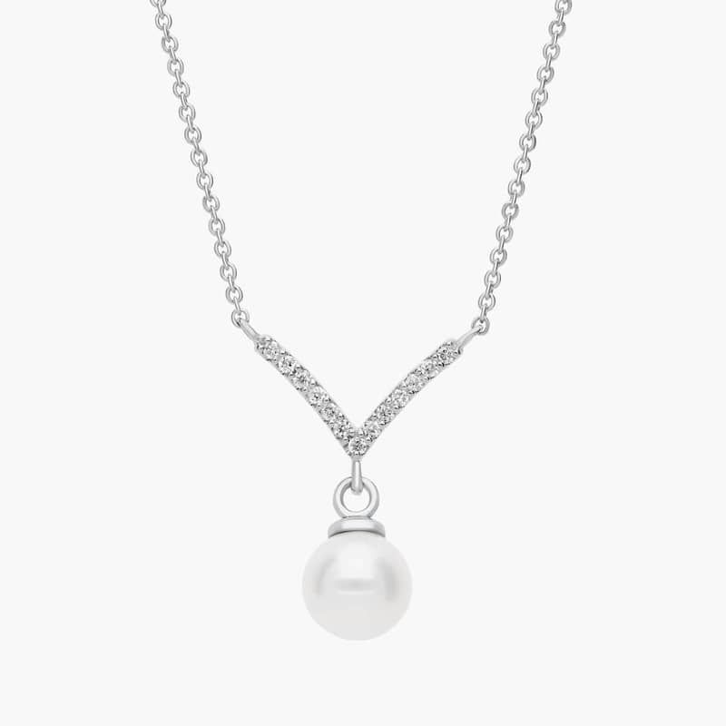 Freshwater Cultured Pearl Chevron Drop Pendant in 14k White Gold (6-7mm)