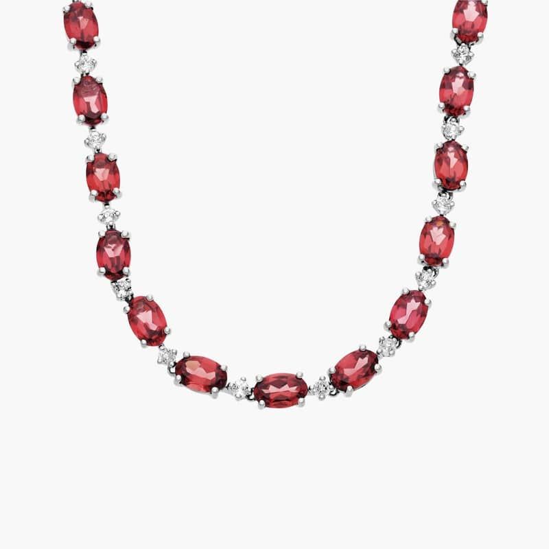 East-west Oval Garnet and White Topaz Fashion Eternity Necklace in Sterling Silver