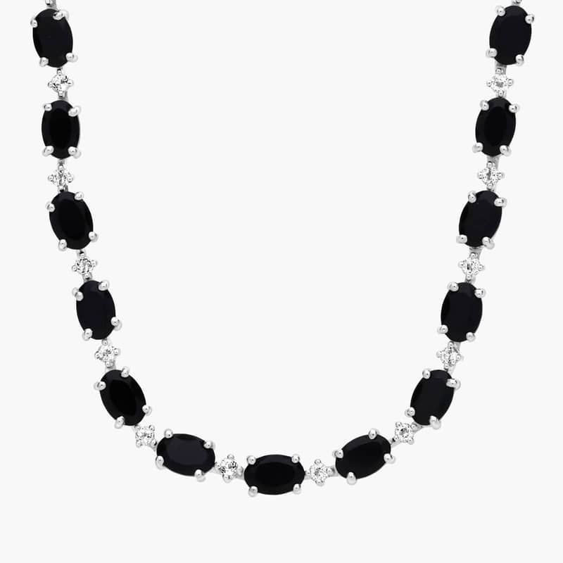 East-west Oval Black Onyx and White Topaz Fashion Eternity Necklace in Sterling Silver