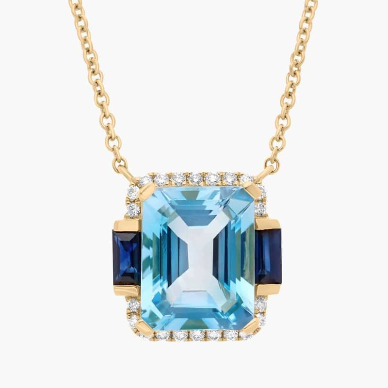 Aquamarine and Sapphire Octagon Pendant in 14k Yellow Gold