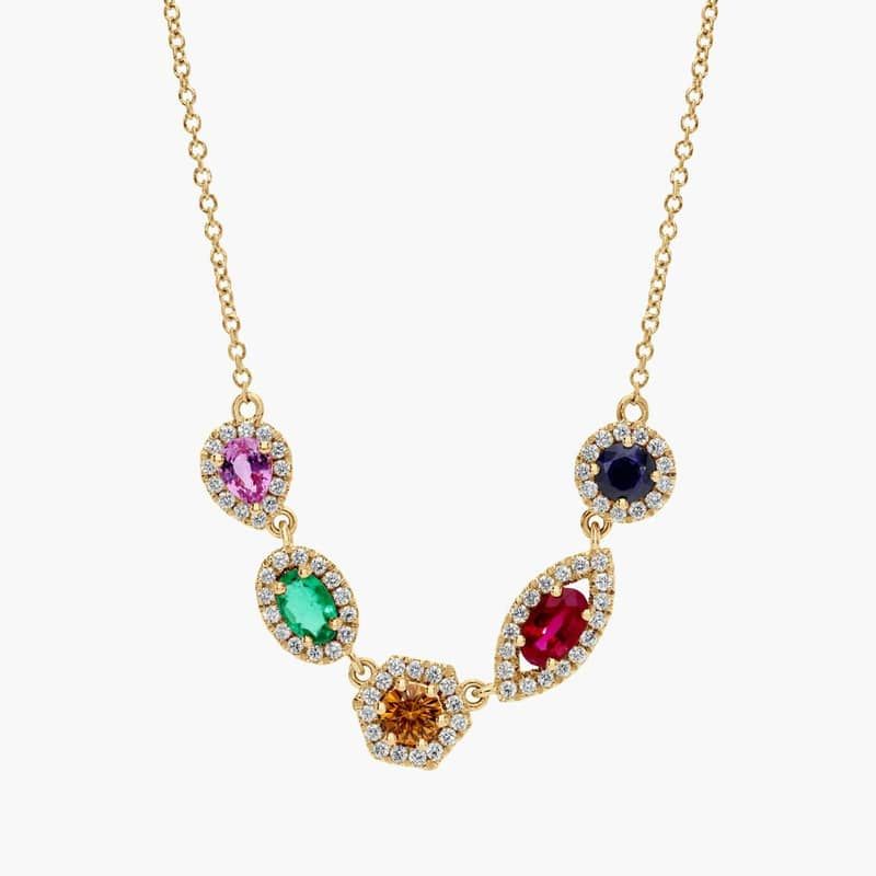 Extraordinary Collection: Multi-Color Mixed Shape Gemstone Necklace in 18k Yellow gold