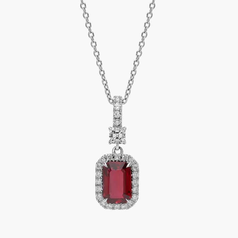 Extraordinary Collection: Emerald Cut Ruby and Diamond Drop Pendant in 18K White Gold (1.48 ct.tw.)