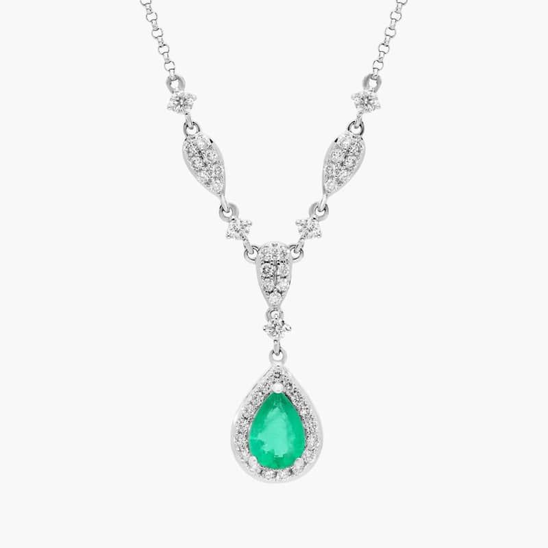 Pear Shape Emerald and Round Diamond Necklace in 14k White Gold (7x5mm)