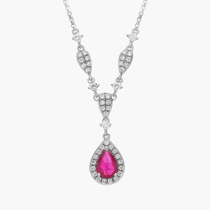 Pear Shape Ruby and Round Diamond Necklace in 14k White Gold (7x5mm)