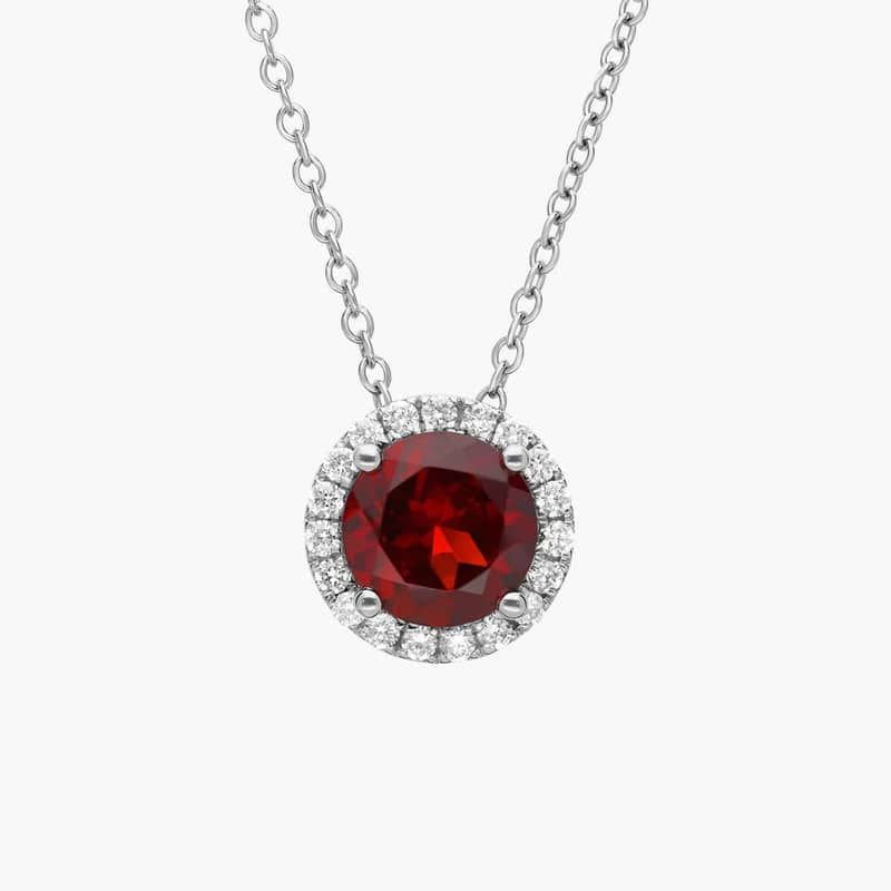 Garnet and Diamond Halo Pendant in 14k White Gold (7mm)
