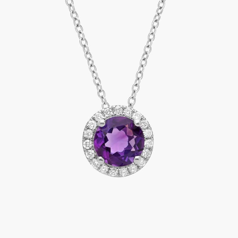 Amethyst and Diamond Halo Pendant in 14k White Gold (7mm)