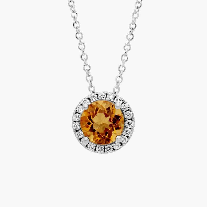 Citrine and Diamond Halo Pendant in 14k White Gold (7mm)