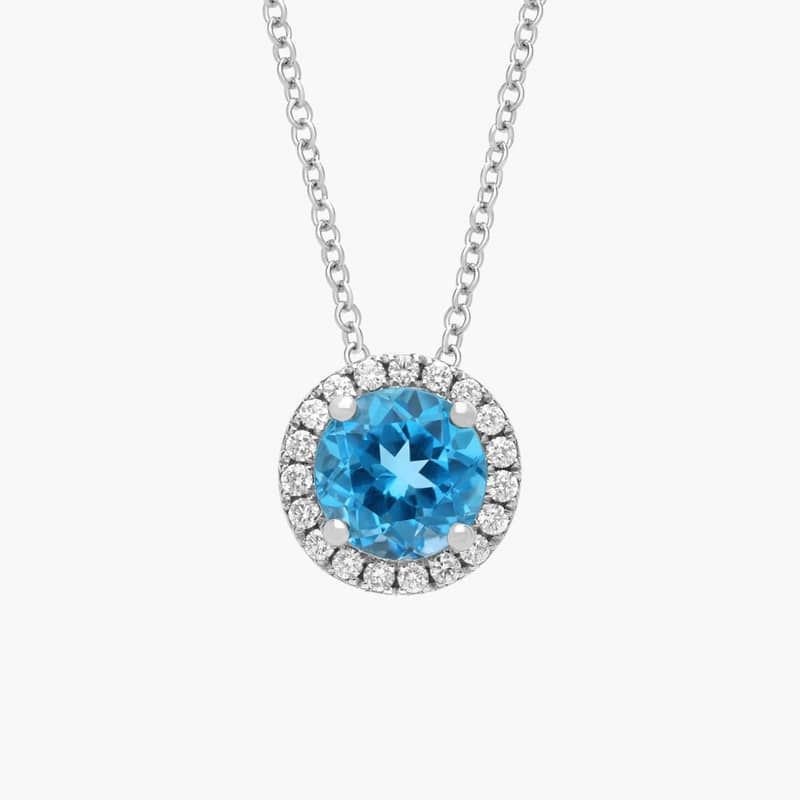Round Halo Blue Topaz Pendant in 14k White Gold (7mm)
