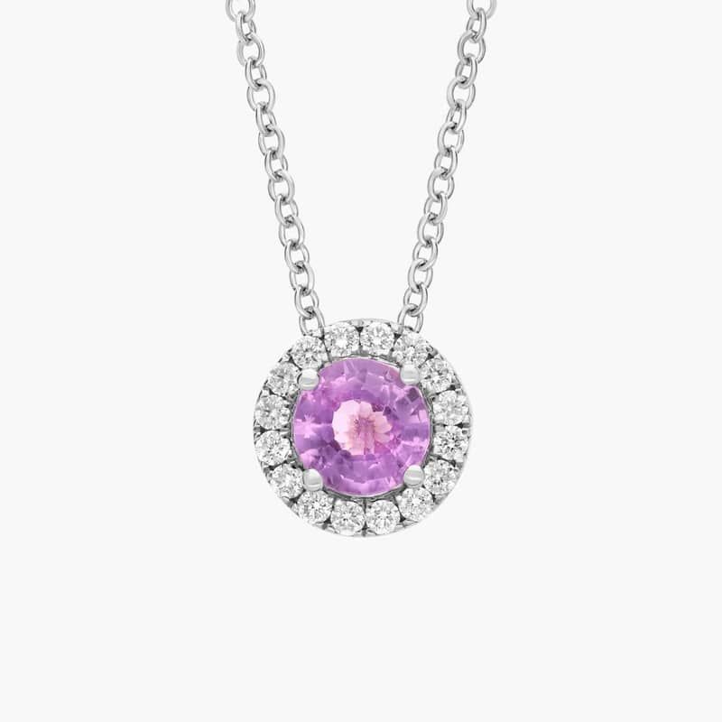 Pink Sapphire and Diamond Halo Pendant in 14k White Gold (5mm)