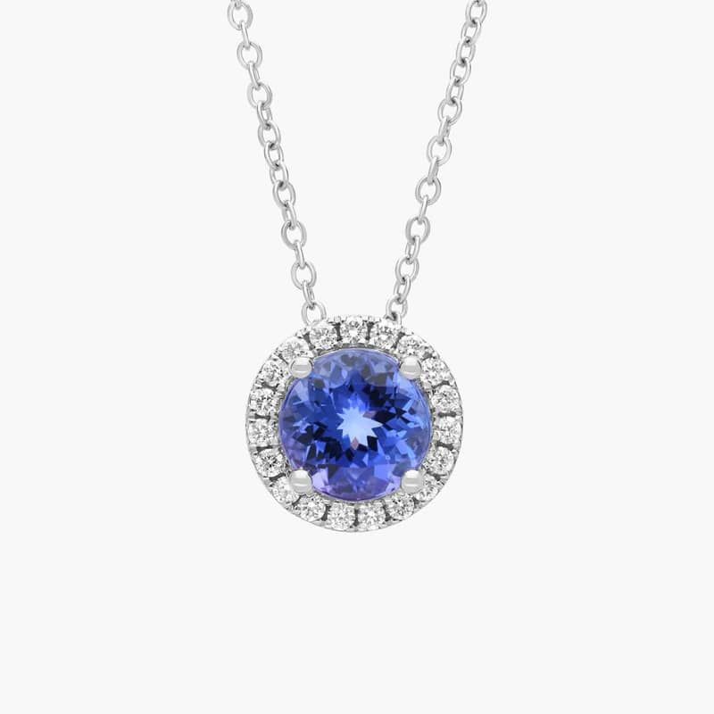 Tanzanite and Diamond Halo Pendant in 14k White Gold (7mm)