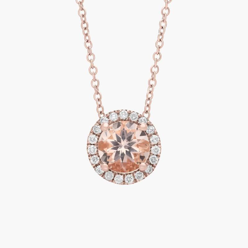 Morganite and Diamond Halo Pendant in 14k Rose Gold (7mm)