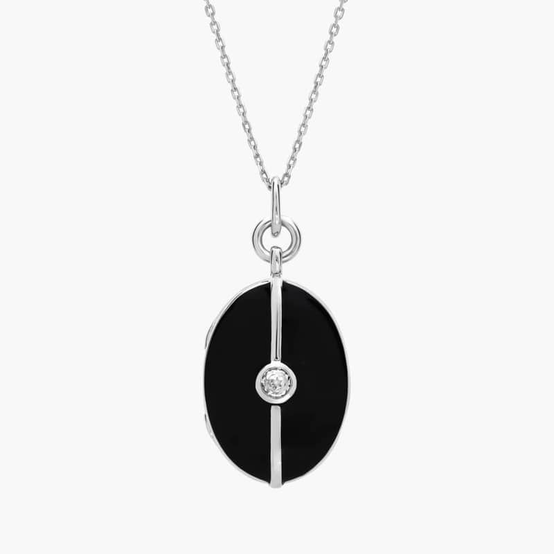 Black Enamel Locket with White Topaz Detail in Sterling Silver