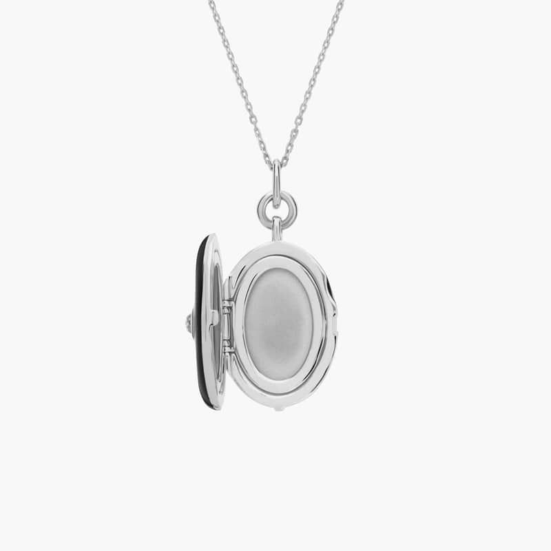 Black Enamel Locket with White Topaz Detail in Sterling Silver