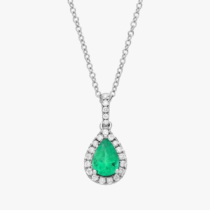 Pear Emerald Diamond Halo Pendant in 14k White Gold (7x5mm)