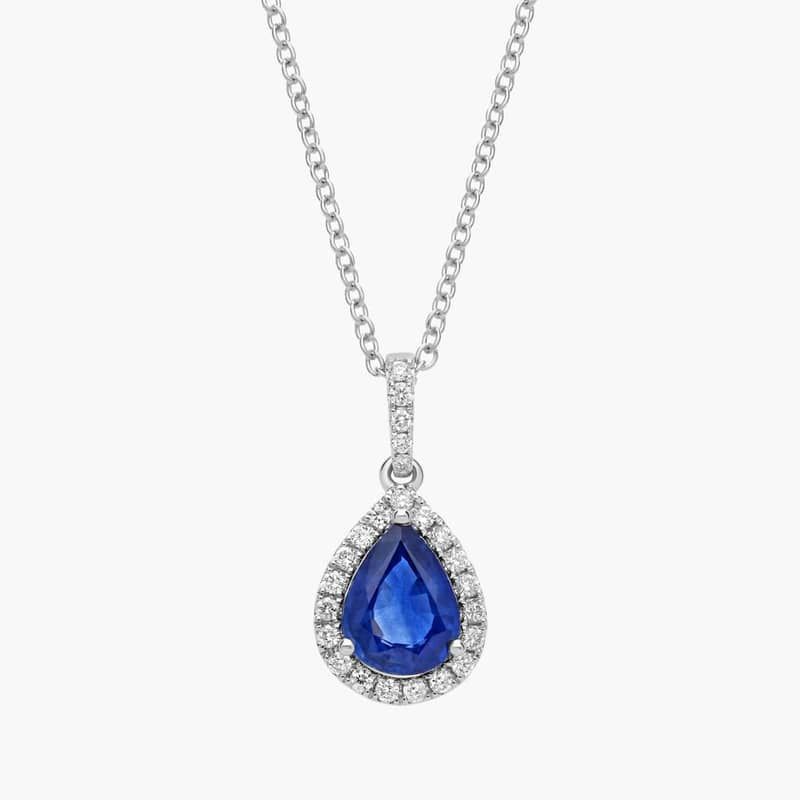 Sapphire Pear Shape Halo Drop Pendant in 14k White Gold (8x6mm)