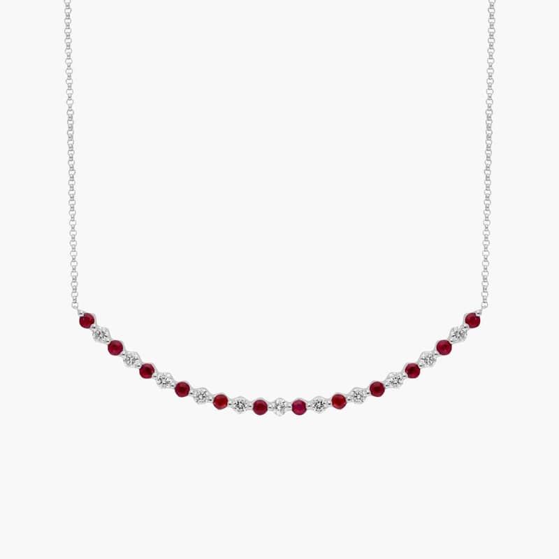 Floating Round Ruby and Diamond Smile Necklace in 14k White Gold (2.2mm)