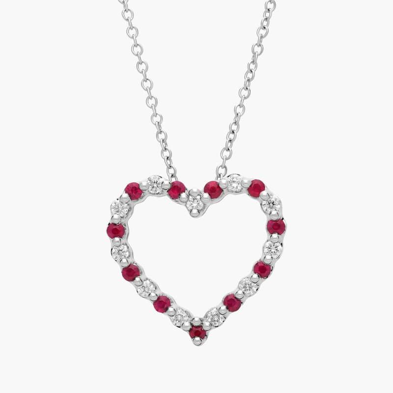Floating Ruby and Diamond Heart Shaped Pendant in 14k White Gold (1.7mm)