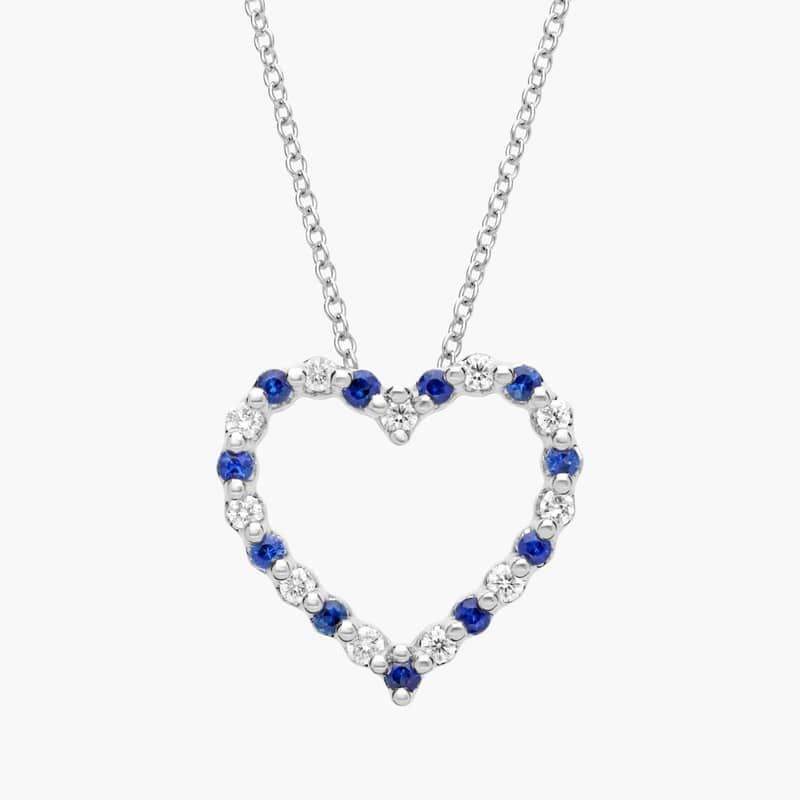 Floating Blue Sapphire and Diamond Heart Shaped Pendant in 14k White Gold (1.7mm)