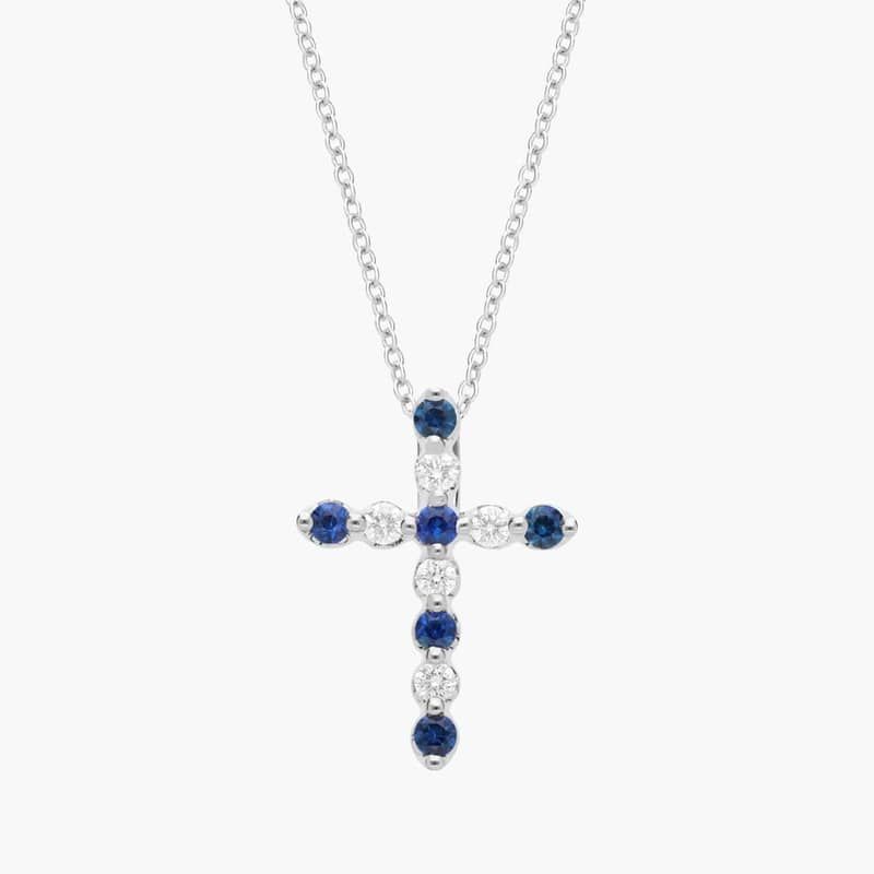 Floating Blue Sapphire and Diamond Cross Shape Pendant in 14k White Gold