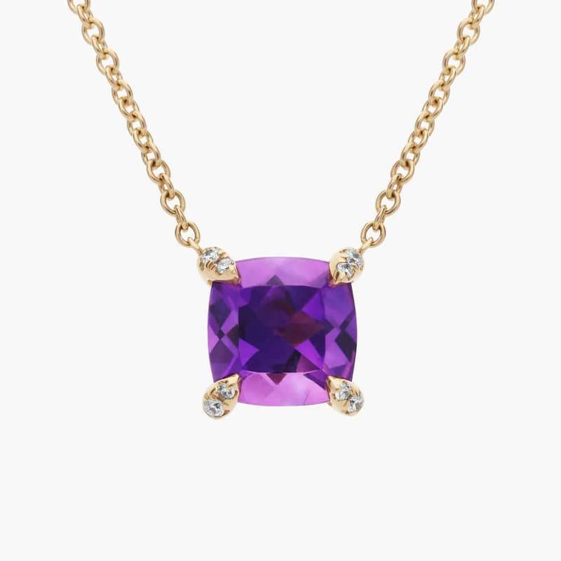 Cushion Cut Amethyst and Diamond Accent Pendant in 14k Yellow Gold (7mm)